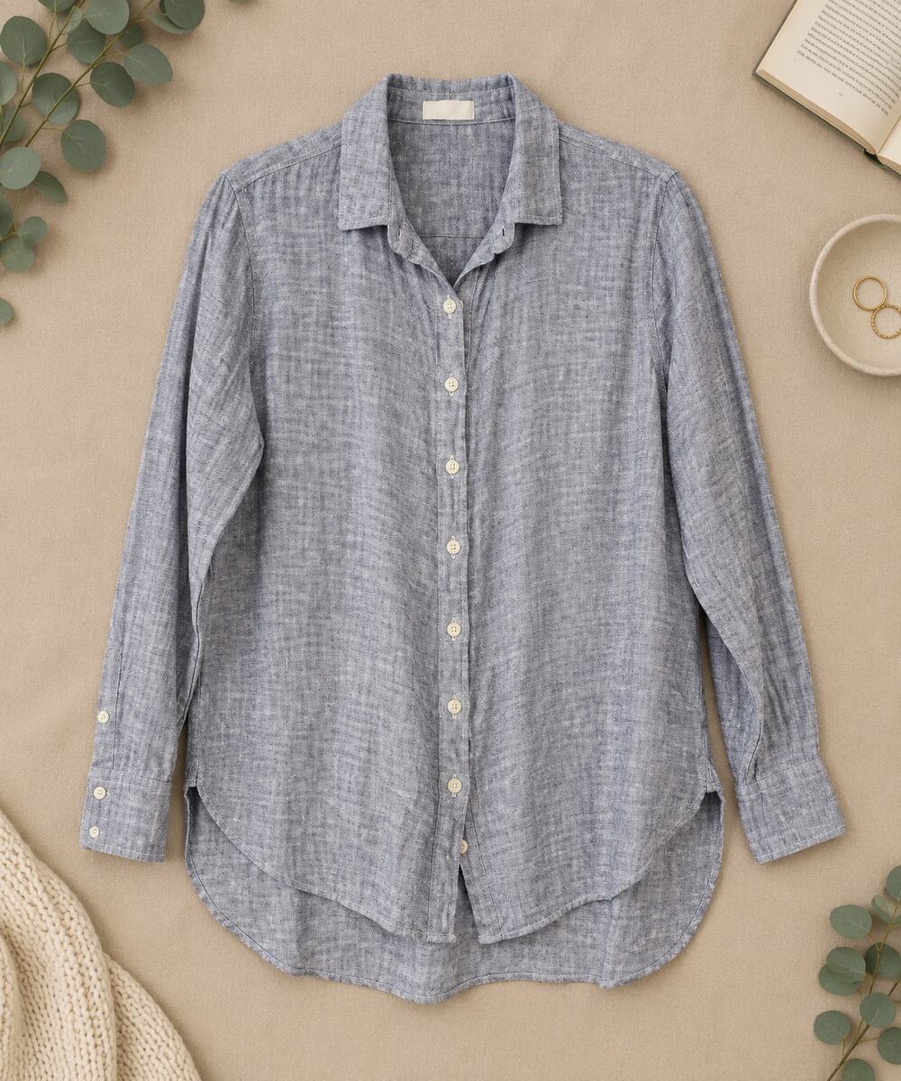 CP Shades 100% Linen Button Down Shirt Blue Chambray Tunic Quiet Luxury Size S